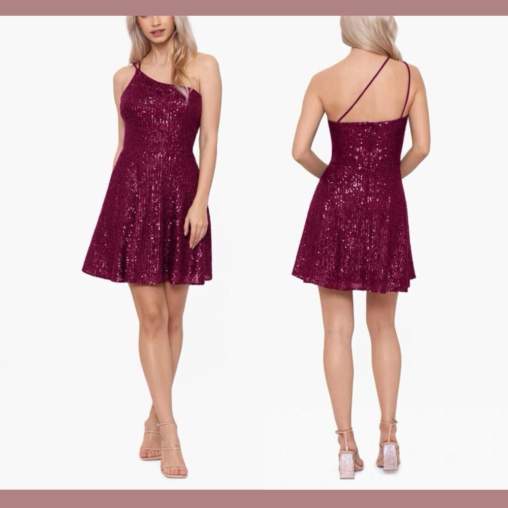 NWT‎ Blondie Nites [ Juniors 3 ] Sequined One Shoulder Fit Flare Dress Plum